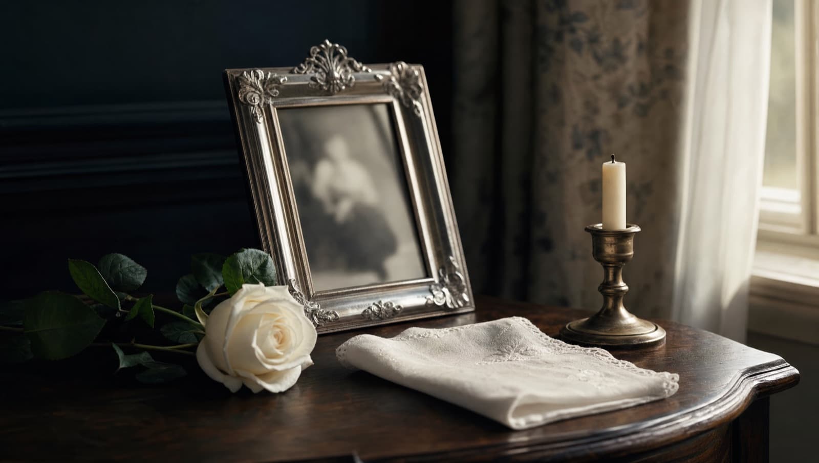 Würdevolles Stillleben mit gerahmtem Portrait und weißer Blume